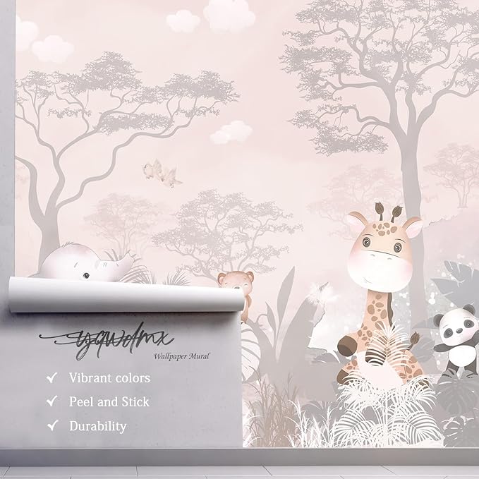 YQWDMX - Pink Safari Peel and Stick Wallpaper Jungle murals for Nursery ZY20 L