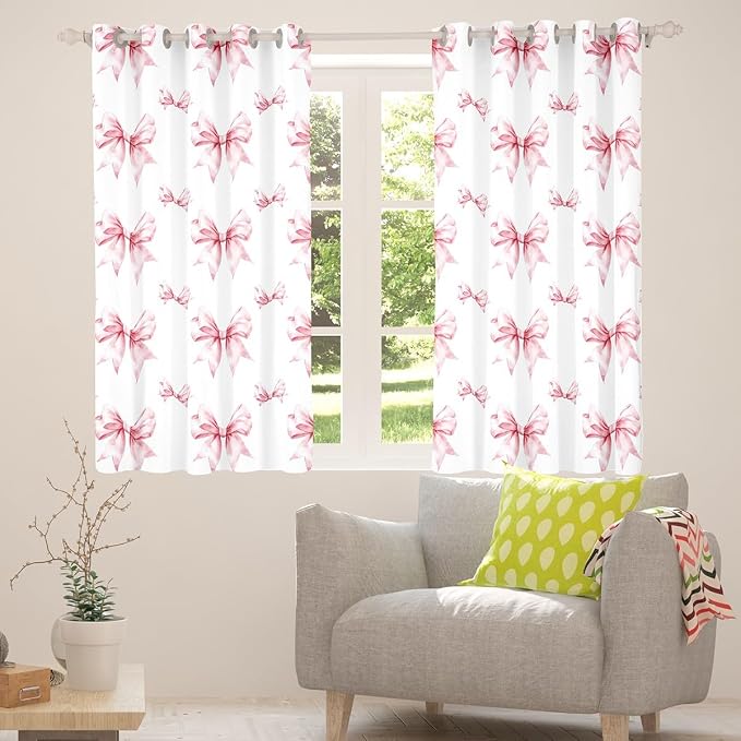 Erosebridal Kids Bow Window Curtain Cute Kawaii Bowknot Curtain Watercolor Bow Tie Princess Window Treatments 38" Wx54 L for Girls Teen Women,Pink White Bow Curtains & Drapes