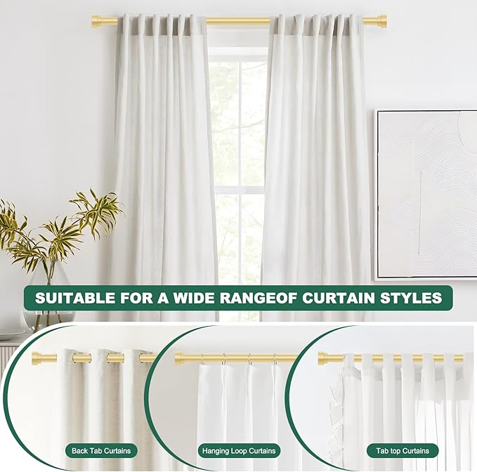 HEI! DEAR 2 Pack Gold Curtain Rods 18 to 60 Inch(1.5-5ft), 1 Inch Heavy Duty, Modern Decorative, Telescoping Window Curtains Rods, Brass Gold