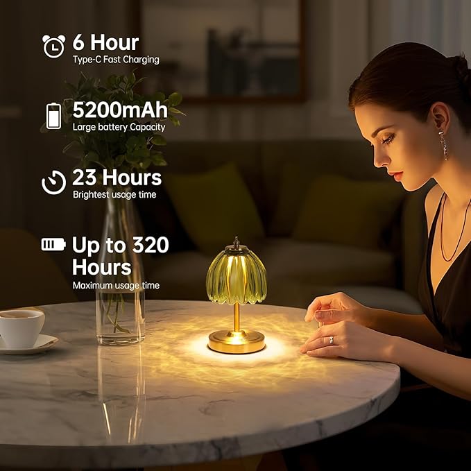 Shenmoyl Tulip Small Table Lamp, 5200mAh Cordless Touch Control Mini Table Lamp with 3 Color Temps & Stepless Dimming, Perfect for Small Spaces Like Dressers, Bedsides, Bookshelves (Green Tulip)