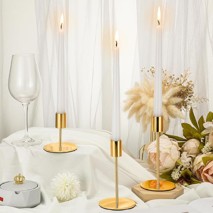 6 Set Candle Holders Bulk with 10'' Dripless Taper Candles 3.3'' 5.5'' 6.3'' Metal Candlestick Holders Vintage Modern Decorative Table Centerpiece for Wedding Birthday Home Decor (Gold)