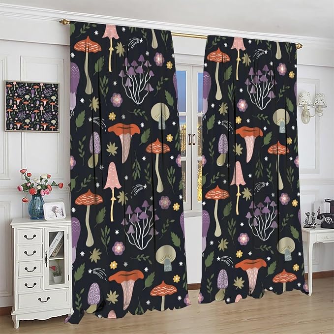 Mushroom Curtains,Colorful Plant Forest Botanical Print Window Treatments for Bedroom Living Room Kitchen Cartoon Herbs Floral Window Drapes 2 Panels Set,Total Size 63 x 72 Inch