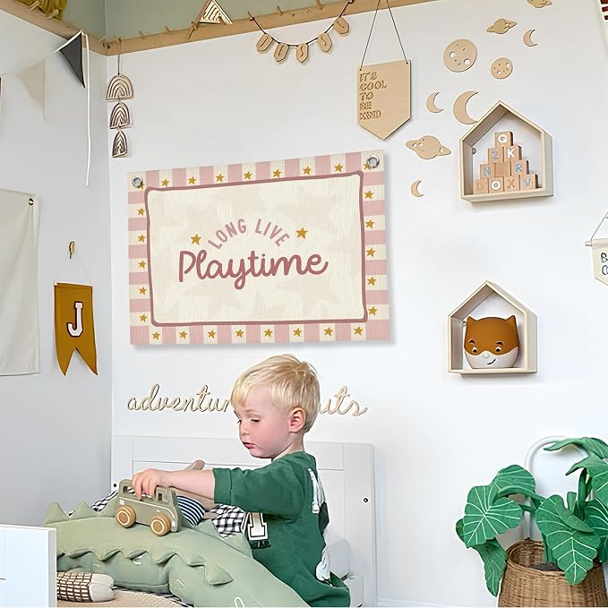 Playroom Wall Decor,Long Live Playtime Linen Canvas Banner,Pink Toddler Playroom Decor Kids Room Nursery with Star Pattern Wall Decor for Toddler Girls Toy Room Bedroom,30x20 Inch