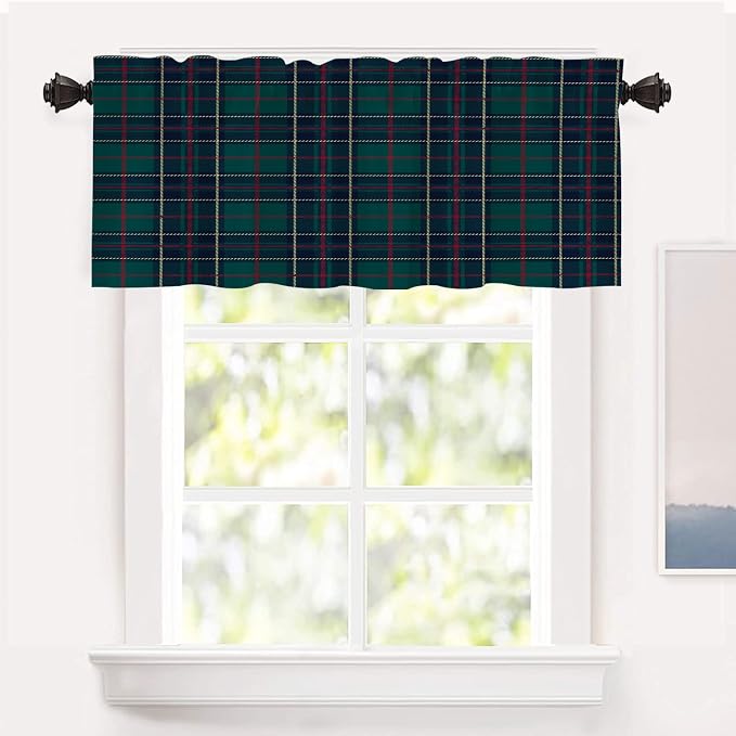 Shrahala Tartan Plaid Kitchen Valances, Green Scottish Fabric Kilt Twill Woven Half Window Curtain Window Treatment Multilayer Polyester Blackout for Living Room Bathroom 52 x 18 in