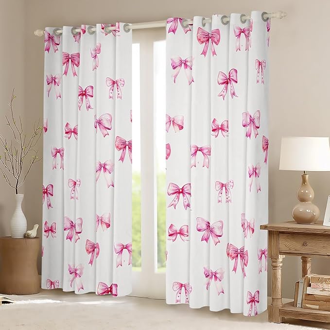 Feelyou Pink Girls Bow Room Darkening Blackout Curtain Boys Girls (2 Panels, 52 x 84 Inch) Bow Curtains for Bedroom Living Room Cute Bowknot Blackout Curtains Kawaii Window Treatments
