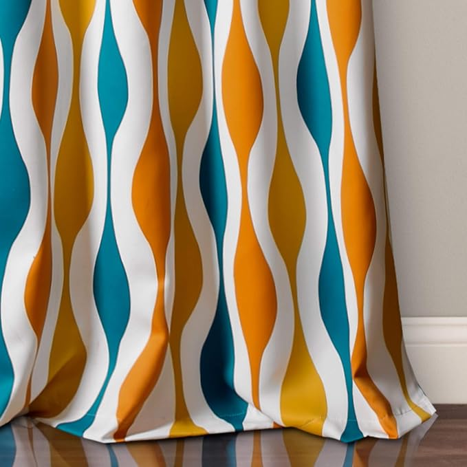 Lush Decor Mid Century Geo Light Filtering Window Curtain Panel Pair, 108" Long x 52" Wide, Turquoise & Orange