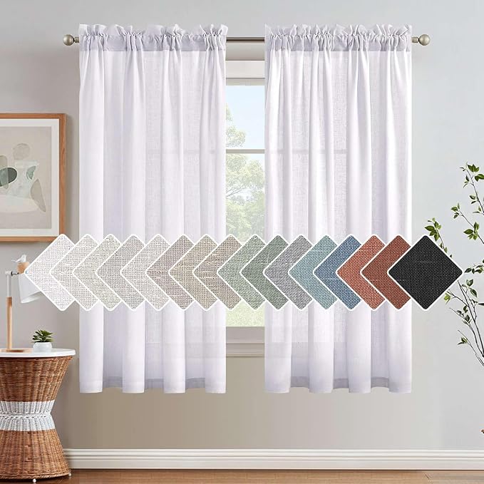 H.VERSAILTEX Window Curtain Linen Textured Semi Sheer Panels for Small Windows/Kitchen/Living Room/Bedroom, Rod Pocket, Natural & Durable (52 inch W X 63 inch L, Set of 2, Heathered White)