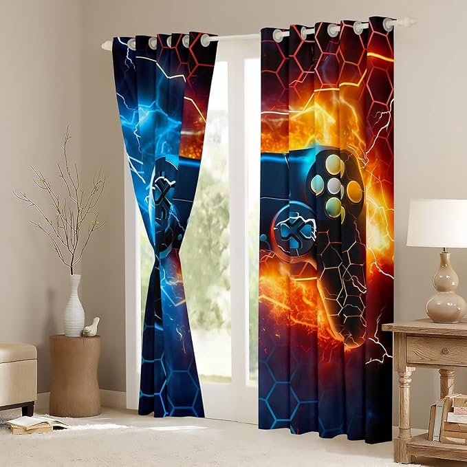 Feelyou Kids Boys Blue Red Gamer Blankout Curtains Honeycomb Gaming Darkening Drapes for Lightning Gamepad Window Curtains Game Room Decor Window Treatments (2 Panels, 38 x 45 Inch)