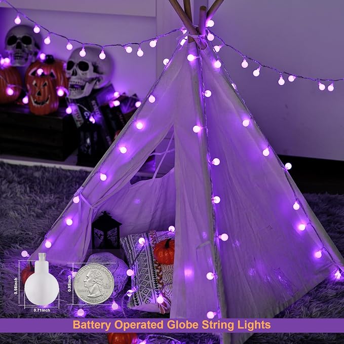 JMEXSUSS 100 LED Purple Globe String Lights Battery Operated with 8 Modes | 33ft Indoor Christmas Lights with Remote, Battery Powered Fairy Lights Outdoor for Room Bedroom Party Patio Yard Decor