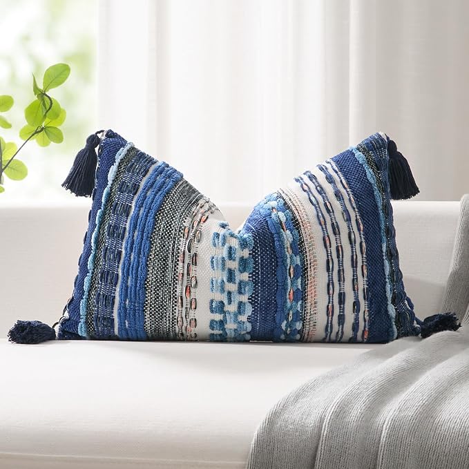 Kevin Textile 14x20 Inch Lumbar Throw Pillow Cover 1 Pack Boho Decorative Soft Chenille Thread Woven Tufted Textured Rectangle Cushion Case Farmhouse Accent for Living Room Couch Sofa Bed, Blue