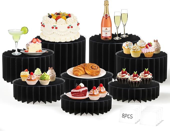 8 Pack Buffet Risers Display Stands, Foldable Food Risers for Buffet Table, Tall Cake Cupcake Stands, Cardboard Cylinder Stand, Dessert Table Display Set for Catering, Jewelry, Wedding, Party Decor (Black)
