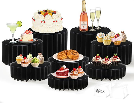 8 Pack Buffet Risers Display Stands, Foldable Food Risers for Buffet Table, Tall Cake Cupcake Stands, Cardboard Cylinder Stand, Dessert Table Display Set for Catering, Jewelry, Wedding, Party Decor (Black)