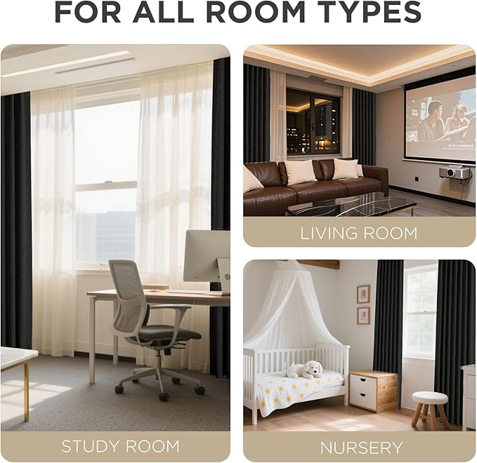 Joydeco Blackout Curtains for Bedroom - 96 Inch Long 100% Light Blocking 2 Panels Set Black Drapes, Thermal Insulated Room Darkening Curtains, Linen Textured for Living Room, Rod Pocket & Back Tabs