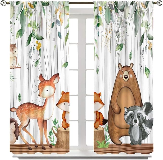 YCness Forest Animal Curtains, Watercolor Wild Animal Bear Fox Deer Kids Window Treatments for Living Room Bedroom,Green Woodland Tree Kids Drapes 2 Panel Sets,52x84 Inch, Style-2