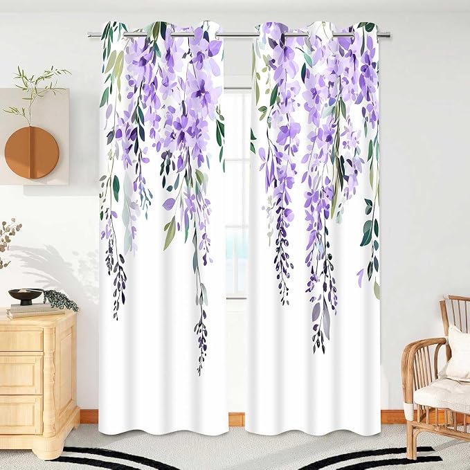 Purple Watercolor Floral Curtains, 42x72 inch, 2 Panels | Botanical Leaves Vine Flowers, Rustic Farmhouse Style, Blackout Window Treatment, For Bedroom Living Room