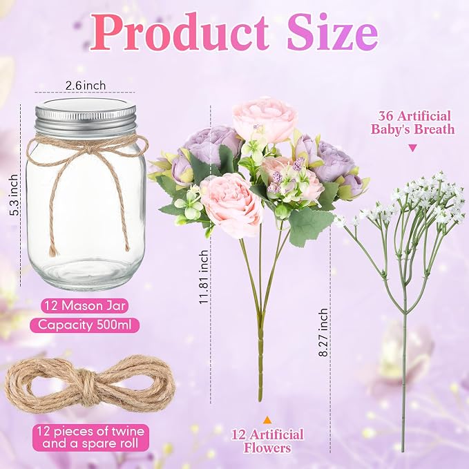 Zeyune 12 Sets Mason Jar Centerpiece Table Decorations, Artificial Peony Baby's Breath Flower Bouquets, Faux Flowers with Vase, Rustic Decor Gifts for Home, Wedding, Holiday (Purple,Pink)