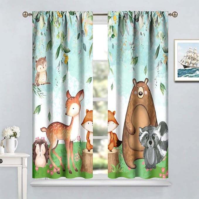 YCness Kid Forest Woodland Animal Fox Elk Bear Watercolor Print Curtains for Nursery Bedroom Living Room, Rustic Safari Wild Animal Blackout Window Drapes 2 Panel Set, 63x63 Inch