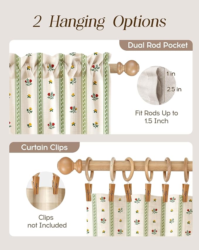 Miss Adola Farmhouse Kitchen Tier Curtains - 24 Inch Length Linen Blend Floral Cafe Curtains Green Stripe Small Window Treatment Over Sink Rod Pocket for Bathroom Living Room Light Filtering, 2 Panels