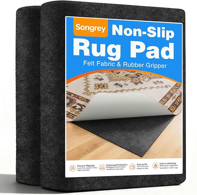 Songrey Non Slip Rug Pad Gripper 9x12 Ft | Thick Felt Fabric with Anti Skid Backing, Carpet Pad for Hardwood Floors, Keep Area Rugs in Place and Safe