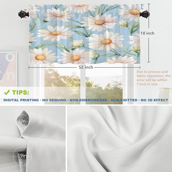 Shrahala Daisies Leaves Blackout Short Curtains for Windows, White Daisies On Blue Kitchen Valance Thermal Insulated Rod Pocket Window Treatment for Bathroom 2 Pack 52 X 18 in