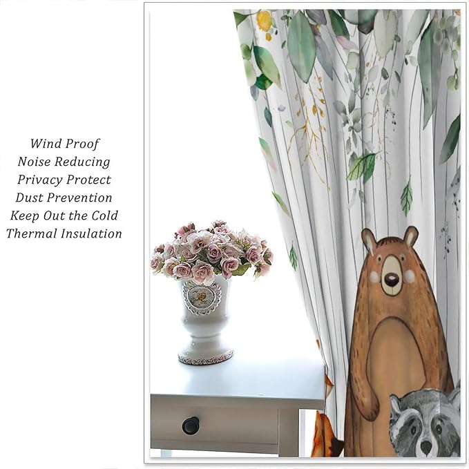 Forest Animal Curtains, Watercolor Wild Animal Bear Fox Deer Kids Window Treatments for Living Room Bedroom,Green Woodland Tree Kids Drapes 2 Panel Sets,72x63 Inch