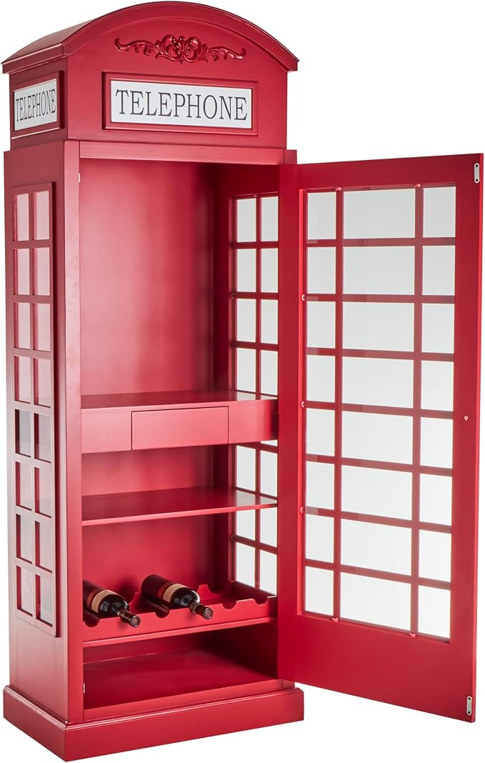 Deco 79 Wooden Telephone Standing Wine Rack Vintage London Booth 2 Shelf and 6 Bottle with Drawer Storage, 26" x 15" x 74", Red