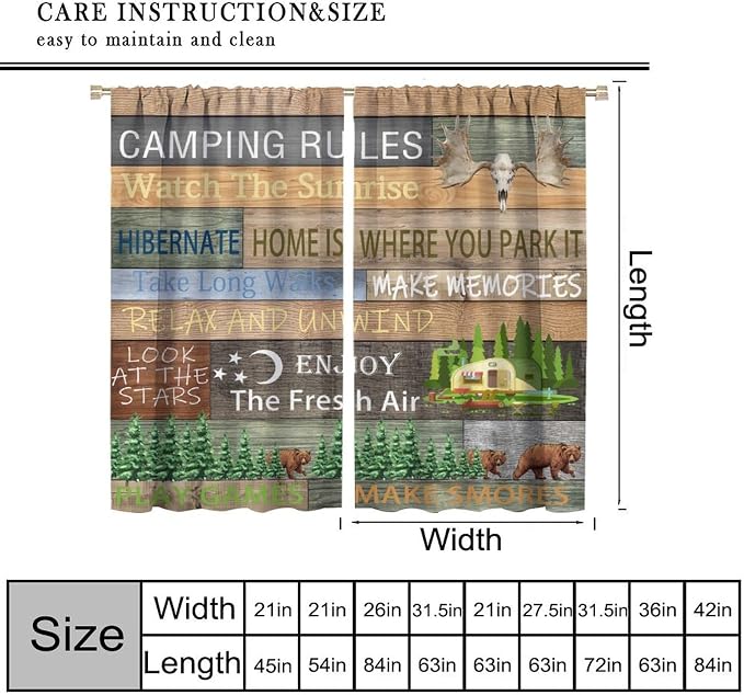 Camping Rules Blackout Curtains for Kitchen Campervan Traveller Outdoor Caravan Decor Rustic Cottage Forest Vintage Plank Background Window Treatments for Farmhouse Bedroom Living Room 63x72in