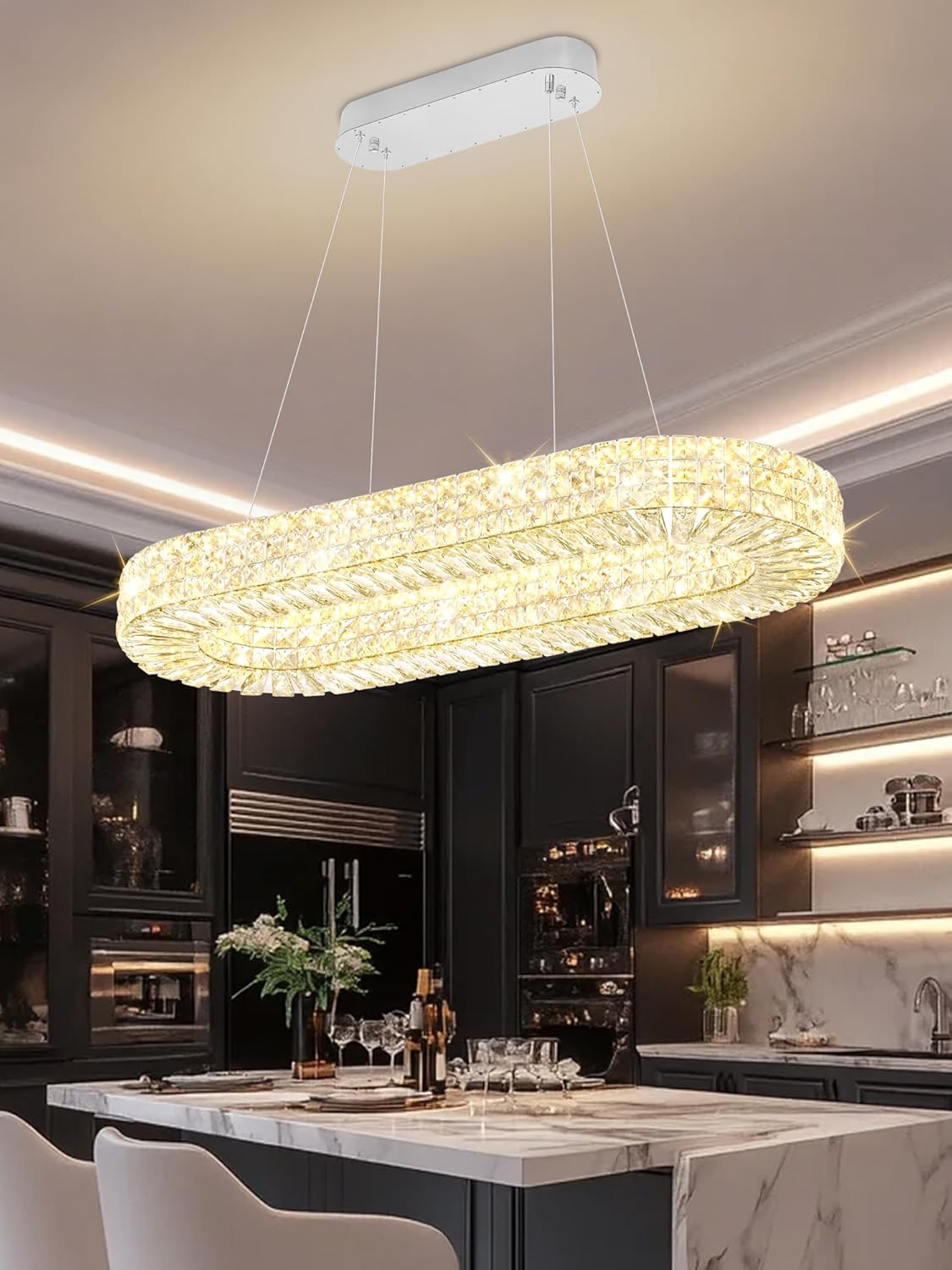 Modern Crystal Chandelier, Dia 40" Rectangular Chandelier for Dining Room,Chrome Rectangle Crystal Ceiling Light Luxury Oval Chandeliers for Living Room Kitchen Island