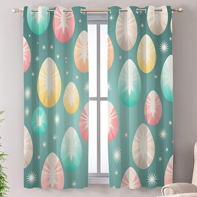 Shrahala Easter Eggs Stars Thermal Insulated Blackout Window Curtains, Colorful Easter Egg Pattern Long Drapes for Bedroom/Living Room with Plastic Grommet, 52X63 Set of 2