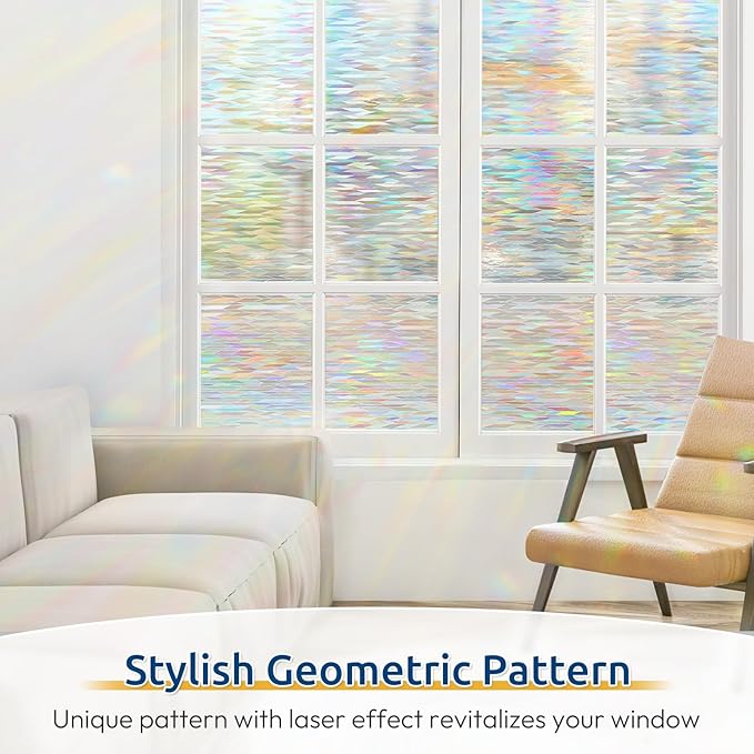 rabbitgoo Window Privacy Film, Stanied Glass Cling with Kit, 35.4" x 118.1" | 3D Rainbow Prism Effect, Static Cling, Sun Blocking Reduce Glare, Easy to Install, Decorative Glass Clings for Home Decor