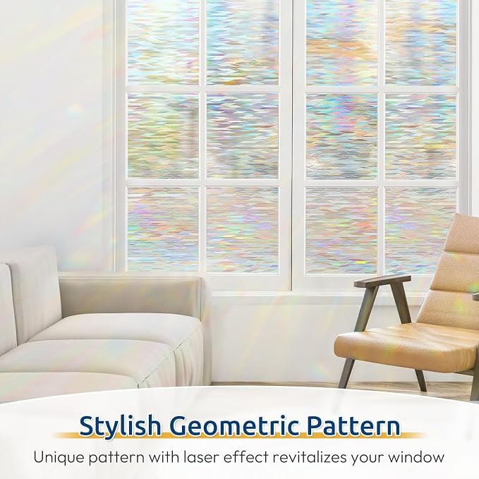 rabbitgoo Window Privacy Film, Stanied Glass Cling with Kit, 17.5" x 78.7" | 3D Rainbow Prism Effect, Static Cling, Sun Blocking Reduce Glare, Easy to Install, Decorative Glass Clings for Home Decor