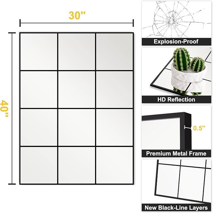 Window Pane Wall Mirror, 40"x30" Wall Mounted Window Mirror for Living Room, Bedroom, Entryway, Dining Room, Home Wall Decor