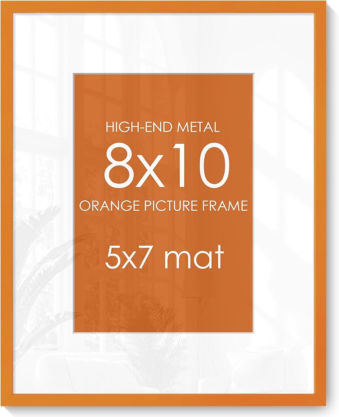 FLYJOE 8x10 Picture Frame for 5x7 Photo, Minimalist Aluminum Frame, Orange | Sleek Metal Wall Frame for Gallery, Desk, or Gift Giving | Shatterproof Glass & Wall Kit