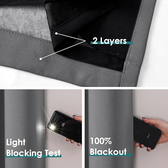 ChrisDowa 100% Blackout Curtains for Bedroom with Black Liner, 2 Thick Layers Total Blackout Thermal Insulated Grommet Long Window Curtains 2 Panels Set (Grey, 52 x 95 Inch)