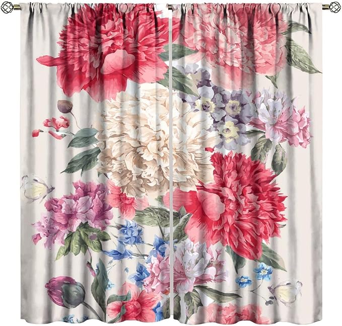 Floral Decor Window Curtain Vintage Bouquet of Peony Wild Flowers Nature Botanical Leaf for Home Kitchen Livingroom Coffee Room Window Drapes 2Panel 41" W X 62" L
