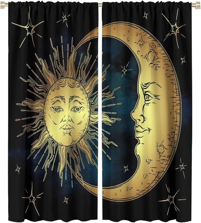 Sun Moon Blackout Windows Curtains, Boho Chic Art Golden Sun Moon and Stars Over Blue Black Sky Antique Style Curtains, for Living Room Bedroom 42x54in 2 Panels