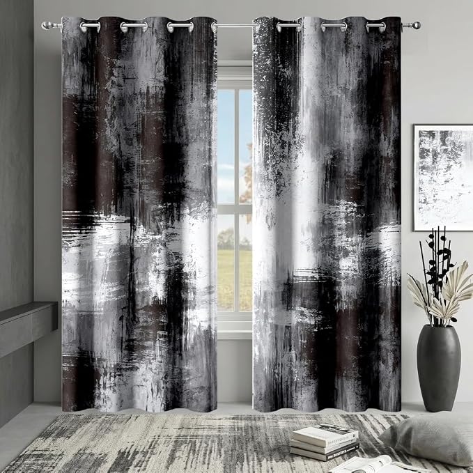 Abstract Black and Grey Blackout Curtains, Boho Retro Rust Gray Neutral Modern Geometric Darkening Thermal Insulated Grommet Light Blocking Drape Decor, 52 x 84 Inch Long 2 Panels
