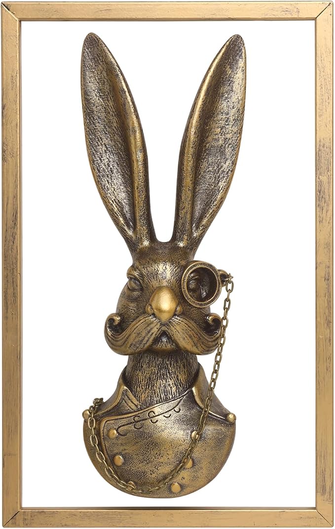 Newinhome Animal Heads Wall Decor (Includes Metal Frame) Bunny Resin Animals Sculptures Old Money Bunny Wall Hanging Decoration Gold vintage Wall Sculpture for Living Room Bedroom Office(Rabbit)
