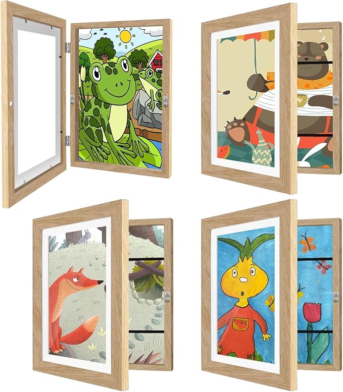 4 Pack Kids Art Frames 10x12.5 Inch Kids Artwork Flip Frame Changeable for Picture Display, Children School Drawing Projects Storage, Horizontally Vertically Wall Hanging, Front Opening, Wood