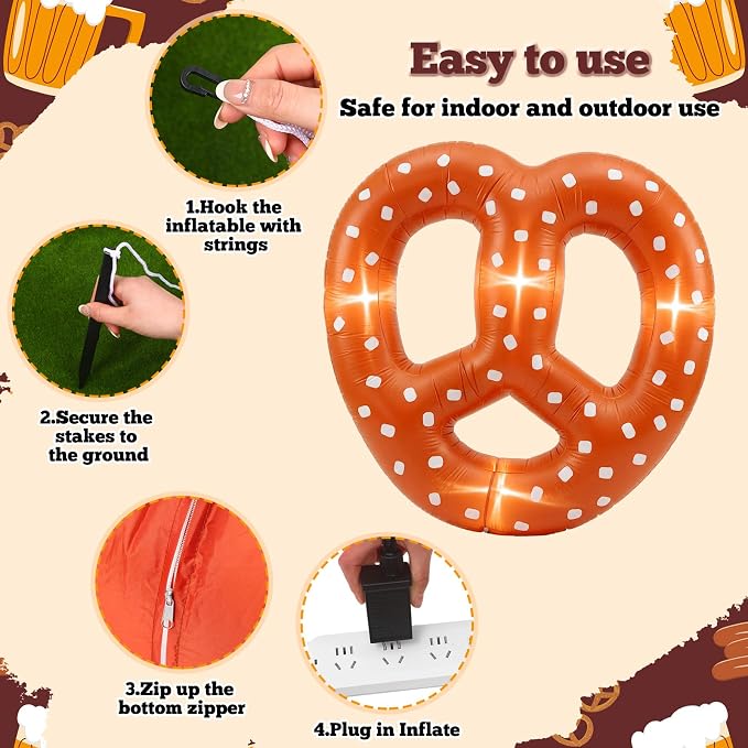 VIHOSE 5.5ft Giant Inflatable Pretzel–Oktoberfest Beer Festival Party Decoration, Oktoberfest Pretzel Blow up with Built in Lights LED for Beer Gardens Parties Holiday Prop