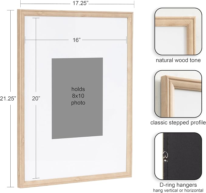 Kate and Laurel Adlynn Rectangle Picture Frame Set of 3; 16 x 20 matted to 8 x 10; Natural; Transitional Three-Piece Frame Set for Gallery Wall Frame Set in Living Room Wall Decor
