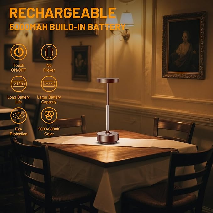 SAKRINGT 2 Pack Rechargeable Cordless Table Lamp - Battery Operated LED Portable Table Light with 3 Color Stepless Dimming, Memory Function - IP54 Waterproof for Outdoor, Restaurant, Patio, Camping