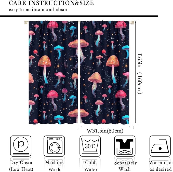 Fantasy Mushroom Curtains,Colorful Plant Print Window Treatments for Bedroom Living Room Kitchen Cartoon Herbs Floral Polyester Fabric Window Drapes 2 Panels Set,Total Size 63 x 63 Inch