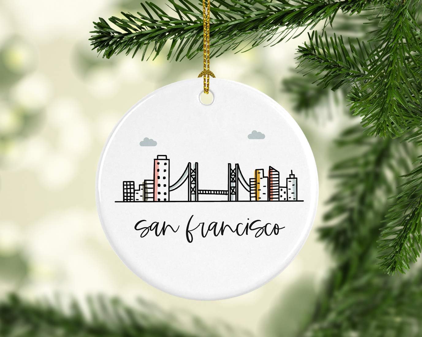 Andaz Press Round Ceramic Porcelain Christmas Tree Ornament Keepsake, San Francisco, Colorful City Skyline Graphic, 1-Pack, Birthday Gift Ideas Family Coworker Him Her, Includes Gift Box