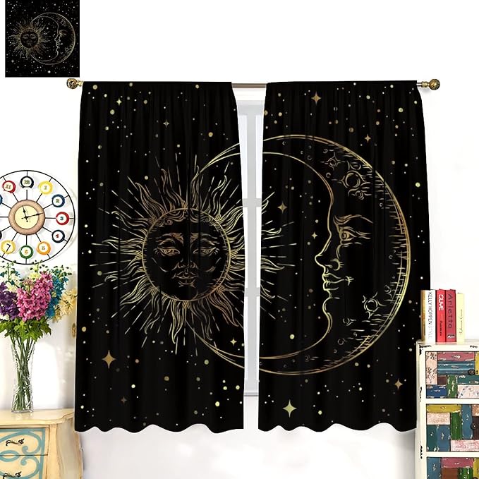 Gold Sun and Moon Blackout Windows Curtains, Fantasy Mandala Bohemian Universe Galaxy Printed Curtains, for Living Room Bedroom 42x54in 2 Panels