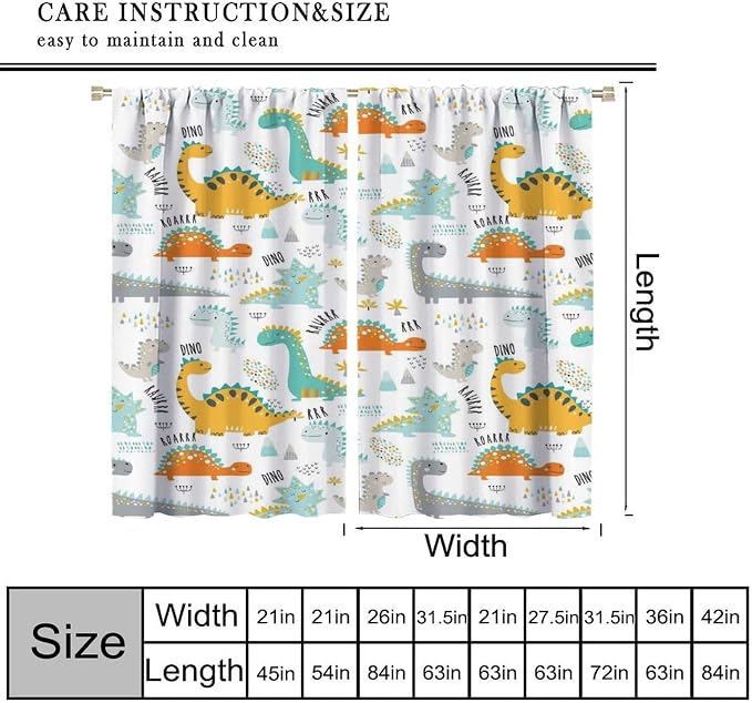 YCness Dinosaur Curtains for Boys Girls Children Nursery Playroom Room Decor Cute Cartoon Dino Art Printed Window Drapes Decor Fabric Set 2 Panel. 63x63 Inch 80% Shading Rate
