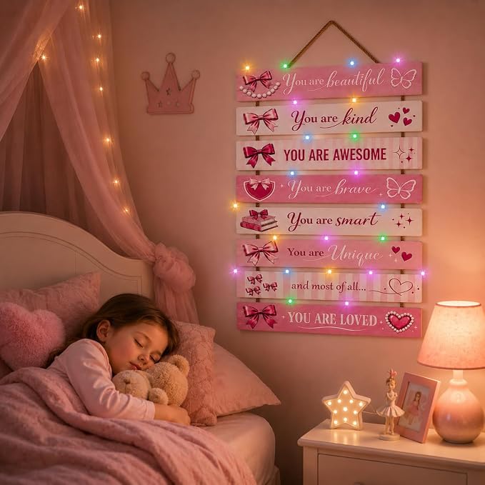 Cute Pink Bow Room Decor Set of 8 with Led Light for Teen Girls Kids Toddler, Preppy Inspirational Bow Wood Nursery Wall Decor for Dorm Bedroom, Dreamy Cozy Chic Motivational Princess Room Decor