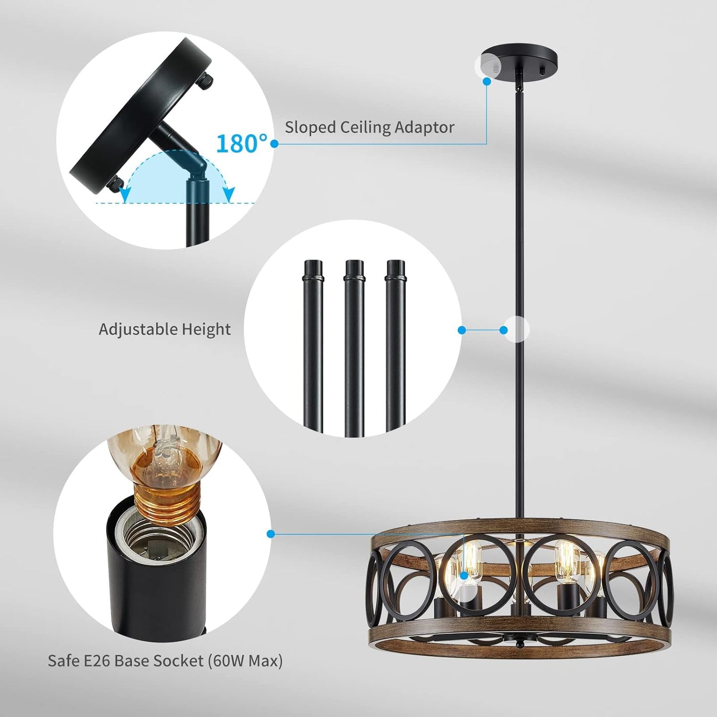 XINGQI 21.7'' Modern Chandelier, Farmhouse Drum Chandeliers for Dining Room Living Room Bedroom 5-Light Pendant Lighting Round Black Metal Antique Wood Grain Finish Adjustable