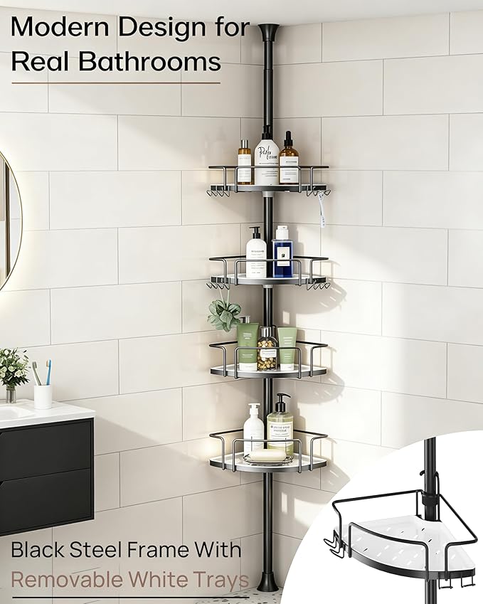 ALLZONE Corner Shower Caddy Tension Pole, 4 Hang-On Basket with Mixed-Height Shelves for Various Bottle Sizes, Extra Hooks & Soap Holder, Rustproof Stainless Steel, Fits 34–116 Inch, Black/White