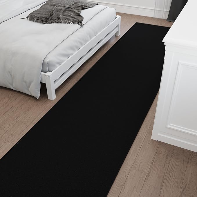 Ottomanson Aisle Runner Rug – Non-Slip Low Pile Carpet Runner for Long Hallways & Corridors, Stain Resistant & Easy to Clean, Solid Black, 2'7" x 30'